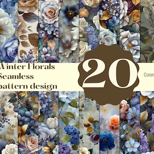 Puede incluir: Un collage de 20 patrones de flores de invierno sin costuras en tonos de azul, morado y blanco. Los patrones presentan rosas, lirios y otras flores. El texto "Winter Florals Seamless pattern design" y "Commercial use" está incluido en la imagen.