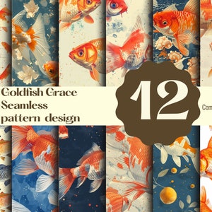 Puede incluir: Doce patrones sin costuras que presentan peces dorados en varias poses y colores. Los patrones se colocan sobre diferentes fondos, incluidos blanco, azul y crema. El texto "Goldfish Grace Seamless pattern design" y "Commercial use" también se incluye en la imagen.