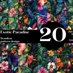 May include: A set of 20 digital seamless patterns featuring vibrant tropical flowers, lush green leaves, and colorful birds. The patterns are perfect for creating unique designs for fabric, wallpaper, and other projects.  "Exotic Paradise" and "Seamless pattern design" are written in white text on a black background.
