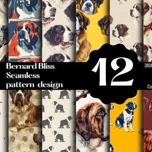 May include: A set of 12 digital seamless patterns featuring Saint Bernard dogs in various poses and backgrounds. The patterns are 3600 x 3600 pixels, 300 DPI, and in PNG format. They are for commercial use.