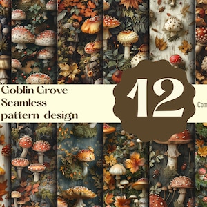 Puede incluir: Doce patrones sin costuras que presentan una variedad de hongos en un entorno de bosque. Los patrones son de varios colores, incluidos rojo, verde, marrón y amarillo. El texto "Goblin Grove Seamless pattern design" y "Commercial use" es visible en la imagen.