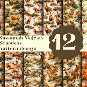 Puede incluir: Un conjunto de 12 patrones digitales sin costuras que presentan leones en un entorno de sabana. Los patrones están en tonos de marrón, verde y beige. El texto "Savannah Majesty Seamless pattern design" y "12" es visible en la imagen. El texto "Commercial use" también es visible en la imagen.