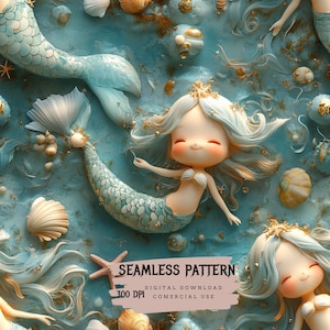 Puede incluir: Patrón sin costuras con sirenas de dibujos animados con colas y cabello azul claro, adornadas con acentos de conchas marinas. Las sirenas sonríen en un océano turquesa con estrellas de mar y conchas. Se muestra el texto "SEAMLESS PATTERN".