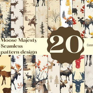 Puede incluir: Un conjunto de 20 patrones digitales sin costuras con alces en un entorno boscoso. Los patrones son de varios colores, incluyendo marrón, beige, rojo y verde. El texto "Moose Majesty Seamless pattern design" y "Commercial use" es visible en la imagen.