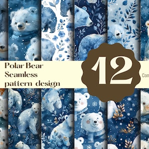 Puede incluir: Doce patrones sin costuras que presentan ilustraciones de acuarela de osos polares en varias poses y entornos. Los patrones están sobre un fondo azul con copos de nieve blancos y detalles dorados. El texto "Polar Bear Seamless pattern design" y "Commercial use" también se incluye en la imagen.