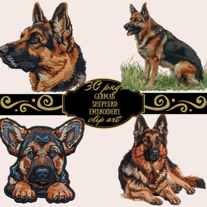 May include: A set of 30 embroidery designs featuring German Shepherd dogs in various poses. The designs are perfect for creating personalised projects like clothing, bags, and home decor.