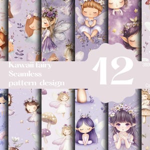 Puede incluir: Una colección de 12 diseños de patrones de hadas Kawaii sin costuras en tonos morados, con ilustraciones de hadas con coronas florales, alas y setas. La imagen incluye el texto "Kawaii fairy Seamless pattern design".