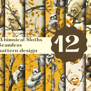 Puede incluir: Un conjunto de 12 patrones sin costuras de perezosos caprichosos que presentan perezosos en varias poses en ramas con hojas amarillas. Los patrones son perfectos para telas, papel tapiz y otros proyectos creativos.  "Whimsical Sloths Seamless pattern design" y "Commercial use" están escritos en la imagen.