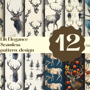 Puede incluir: Un conjunto de 12 patrones digitales sin costuras con ilustraciones de alces en acuarela en varias poses y colores. Los patrones son perfectos para crear diseños únicos para telas, papel tapiz, papel de regalo y más. Elk Elegance Seamless pattern design. Uso comercial.
