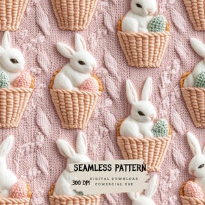 Puede incluir: Un patrón sin costuras con conejos blancos que sostienen huevos de Pascua pastel en cestas tejidas sobre un fondo de punto rosa. El texto "Seamless Pattern", "Digital Download", "300 DPI" y "Commercial Use" se muestra en la imagen.