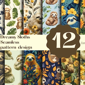 Op de afbeelding: Een set van 12 naadloze patronen met schattige luiaards in verschillende poses en omgevingen. De patronen omvatten bloemmotieven, tropische bladeren en geometrische vormen. De tekst "Dreamy Sloths Seamless pattern design" en "Commercial use" is ook in de afbeelding opgenomen.