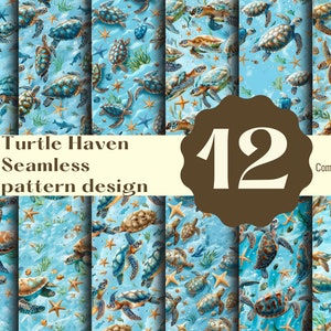 Puede incluir: Doce patrones sin costuras con tortugas marinas coloridas nadando en un océano azul con estrellas de mar y algas marinas. El texto "Turtle Haven Seamless pattern design" y "Commercial use" es visible en la imagen.