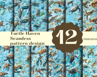 Könnte beinhalten: Zwölf nahtlose Muster mit bunten Meeresschildkröten, die in einem blauen Meer mit Seesternen und Seegras schwimmen. Der Text "Turtle Haven Seamless pattern design" und "Commercial use" ist auf dem Bild sichtbar.