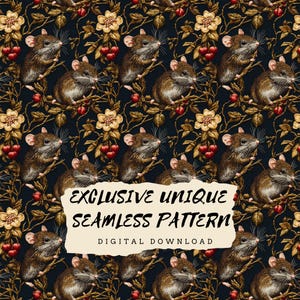May include: A seamless pattern featuring a repeating design of mice and flowers. The mice are brown and white and are depicted in a whimsical style. The flowers are yellow and red and are arranged in a symmetrical pattern. The background is a dark blue color. The text "Exclusive Unique Seamless Pattern Digital Download" is displayed in a white banner.