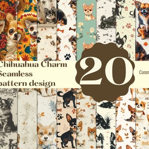 Puede incluir: Un collage de 20 patrones sin costuras diferentes con adorables perros chihuahua en varias poses y escenarios. Los patrones incluyen diseños florales, huesos, huellas de patas y otros elementos lindos. El texto "Chihuahua Charm Seamless pattern design" y "Commercial use" también se incluyen en la imagen.