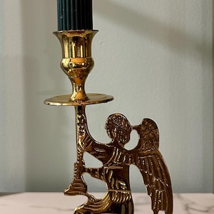 Carved Brass Angel Candlestick Holder / Vintage Brass Angel Candle Holder / Intricately Etched Brass Christmas Candleholder / Angel Decor