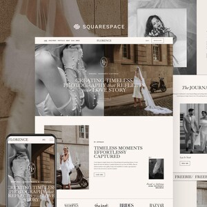 May include: A website layout for a photography business named Florence, featuring a mobile phone mockup, black and white wedding imagery, text headers like Creating Timeless Photography, and a Squarespace logo on a clean, neutral-toned background.