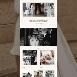 May include: A website layout for a photography portfolio titled Florence, featuring black and white wedding imagery. The page includes sections for The Portfolio, client names like Nicole & James, and text stating Timeless Photography that Reflects your Love Story.