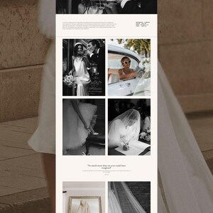 May include: A website layout featuring a collection of black and white wedding photographs. The page displays images of a couple, a bride in a gown, a veil, and a wedding dress on a hanger, with the text Florence and Nicole & James visible.