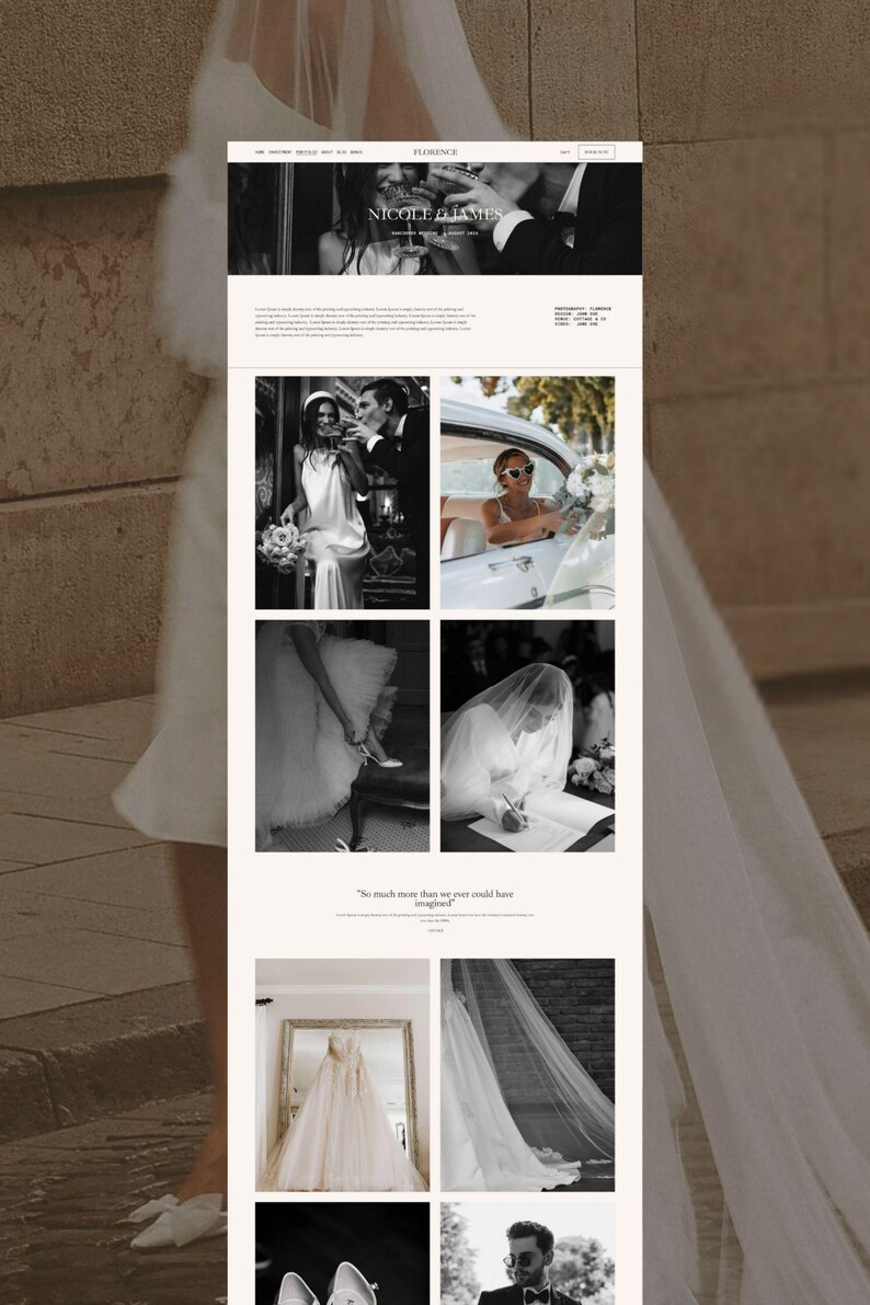 May include: A website layout featuring a collection of black and white wedding photographs. The page displays images of a couple, a bride in a gown, a veil, and a wedding dress on a hanger, with the text Florence and Nicole & James visible.