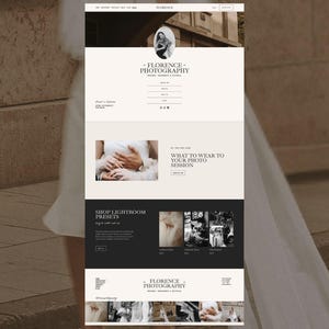 May include: A website interface for Florence Photography featuring a cream and black color scheme. The layout includes a header with a logo, navigation links, a section titled What to Wear to Your Photo Session, and a Shop Lightroom Presets area.