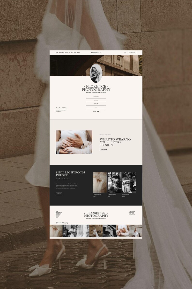 May include: A website interface for Florence Photography featuring a cream and black color scheme. The layout includes a header with a logo, navigation links, a section titled What to Wear to Your Photo Session, and a Shop Lightroom Presets area.