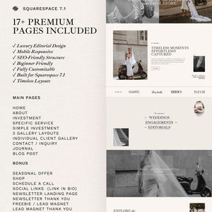 May include: A Squarespace 7.1 website template layout featuring 17+ premium pages, including home, about, investment, and gallery sections. The design showcases black and white photography of a person in a wedding dress with a scooter.
