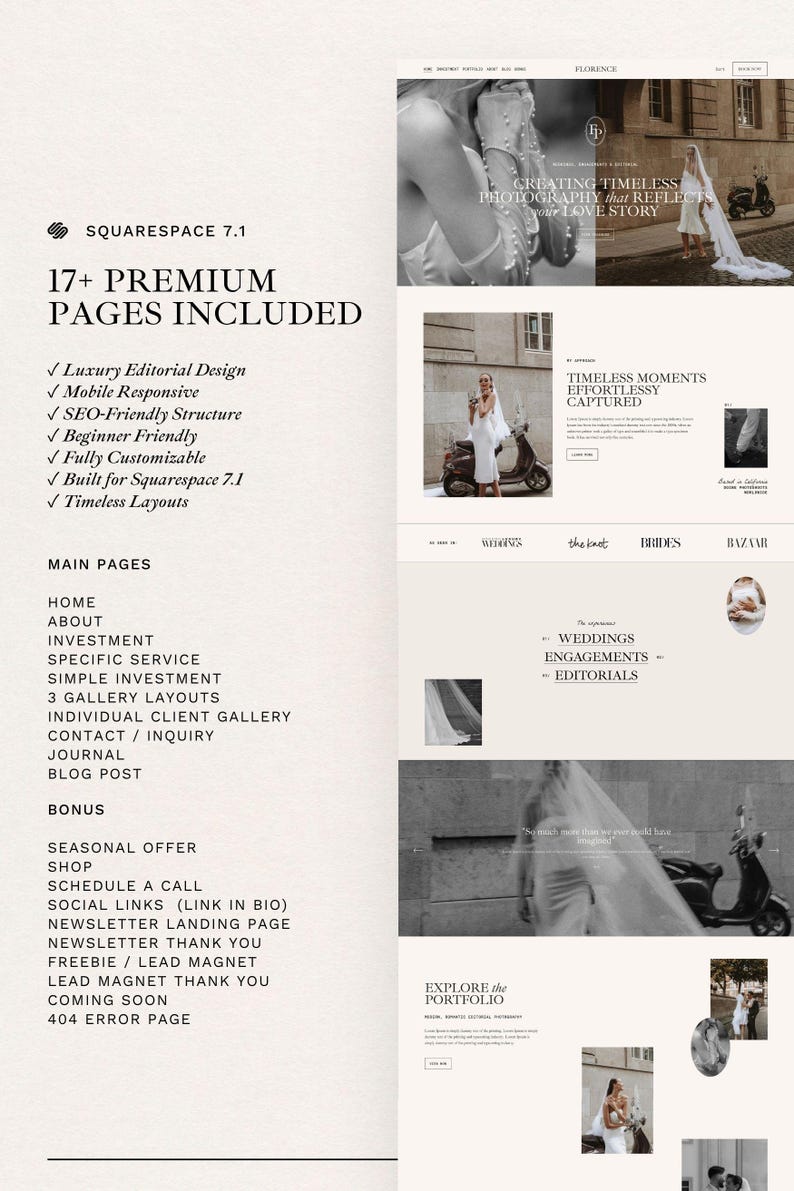 May include: A Squarespace 7.1 website template layout featuring 17+ premium pages, including home, about, investment, and gallery sections. The design showcases black and white photography of a person in a wedding dress with a scooter.