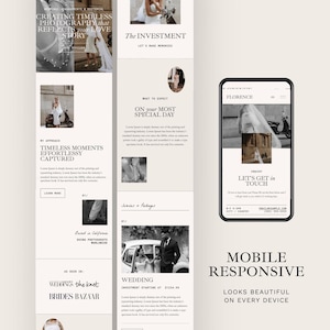 May include: A website template design for a photography business named Florence, featuring a monochromatic layout with black and white imagery of weddings, text sections, and a mobile responsive view displayed on a smartphone screen.