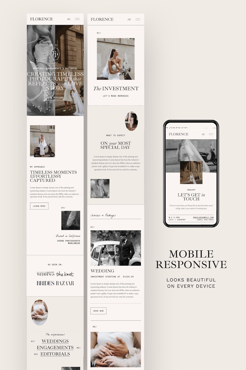 May include: A website template design for a photography business named Florence, featuring a monochromatic layout with black and white imagery of weddings, text sections, and a mobile responsive view displayed on a smartphone screen.