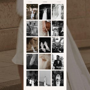 May include: A website interface titled The Portfolio featuring a grid of black and white wedding photographs. The layout includes a navigation bar with the text Florence, a main gallery of fifteen images, and a footer section labeled Read the Latest.