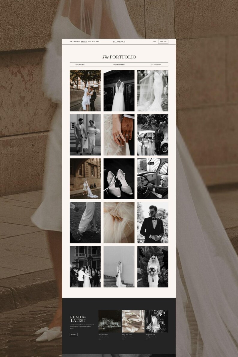 May include: A website interface titled The Portfolio featuring a grid of black and white wedding photographs. The layout includes a navigation bar with the text Florence, a main gallery of fifteen images, and a footer section labeled Read the Latest.