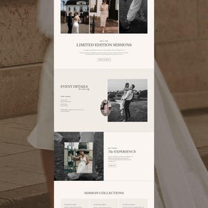 May include: A website layout for a photography business named Florence, featuring a neutral color palette, serif typography, and multiple sections including Limited Edition Sessions, Event Details, The Experience, and Session Collections with photos.