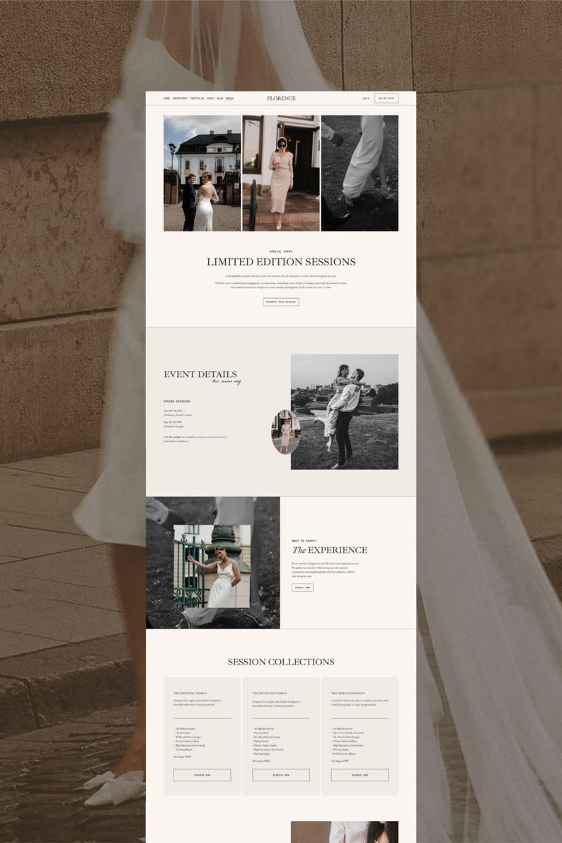 May include: A website layout for a photography business named Florence, featuring a neutral color palette, serif typography, and multiple sections including Limited Edition Sessions, Event Details, The Experience, and Session Collections with photos.