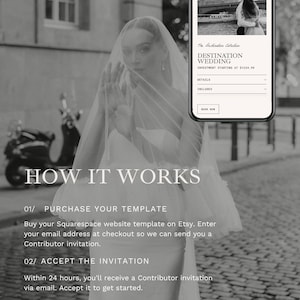 May include: A black and white digital graphic displaying a Squarespace website template for a destination wedding. The text reads: HOW IT WORKS, 01/ PURCHASE YOUR TEMPLATE, 02/ ACCEPT THE INVITATION, 03/ CUSTOMIZE & LAUNCH, and includes a mobile phone mockup.
