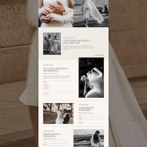 May include: A website layout for a wedding photography service named Florence. The page features black and white photographs of couples, text headers including Wedding Photography, Full-Day Wedding Experience, Elopement Wedding, and Destination Wedding.