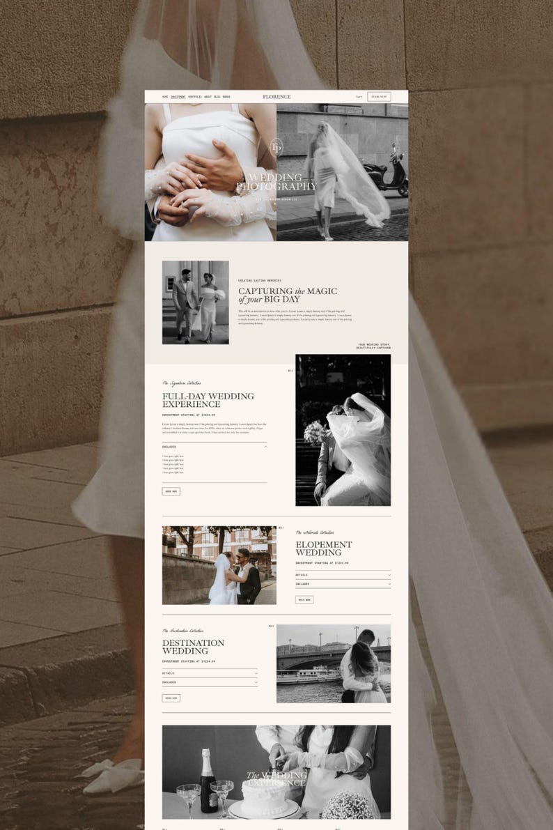 May include: A website layout for a wedding photography service named Florence. The page features black and white photographs of couples, text headers including Wedding Photography, Full-Day Wedding Experience, Elopement Wedding, and Destination Wedding.