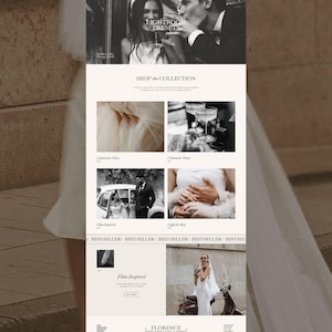 May include: A website layout for Florence Photography featuring Lightroom Presets. The page displays black and white wedding photography, including images of a couple with champagne, a bride in a white dress, and a vintage car, with text headers.