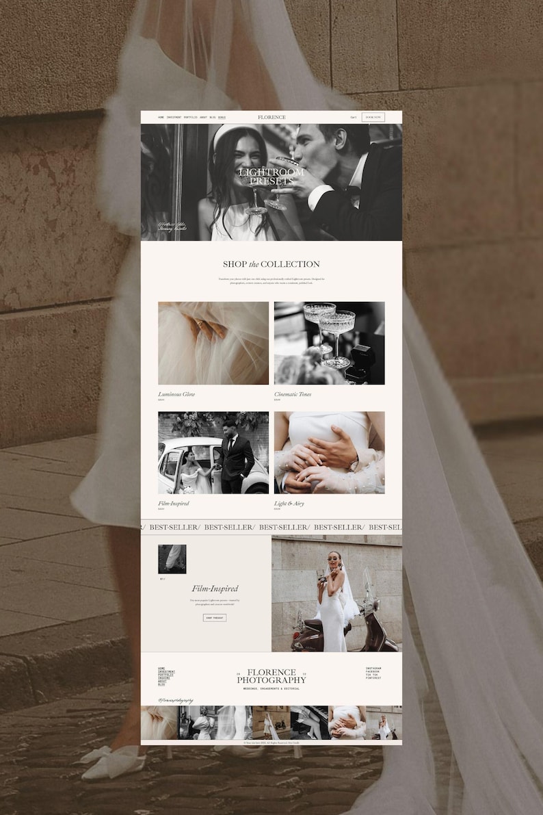 May include: A website layout for Florence Photography featuring Lightroom Presets. The page displays black and white wedding photography, including images of a couple with champagne, a bride in a white dress, and a vintage car, with text headers.