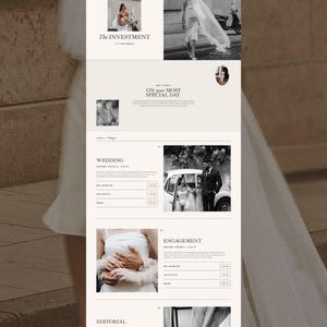 May include: A website layout for a photography business named Florence, featuring black and white wedding photography. The page includes sections for wedding, engagement, and editorial services with text, buttons, and images of couples.