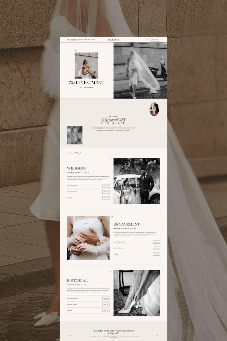 May include: A website layout for a photography business named Florence, featuring black and white wedding photography. The page includes sections for wedding, engagement, and editorial services with text, buttons, and images of couples.