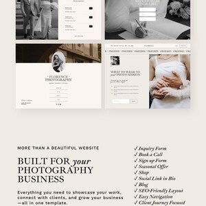 May include: A website template for photography businesses featuring multiple page layouts, including booking forms, sign-up lists, and portfolio sections. The design uses a clean, monochromatic aesthetic with text elements like 'BOOK A CALL', 'FLORENCE PHOTOGRAPHY', and 'BUILT FOR your PHOTOGRAPHY BUSINESS'.