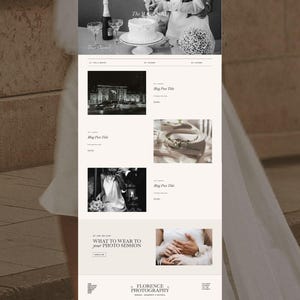 May include: A website layout for Florence Photography featuring a black and white header image of a cake cutting, followed by a grid of blog post thumbnails, a section titled WHAT TO WEAR TO YOUR PHOTO SESSION, and a footer with contact information.