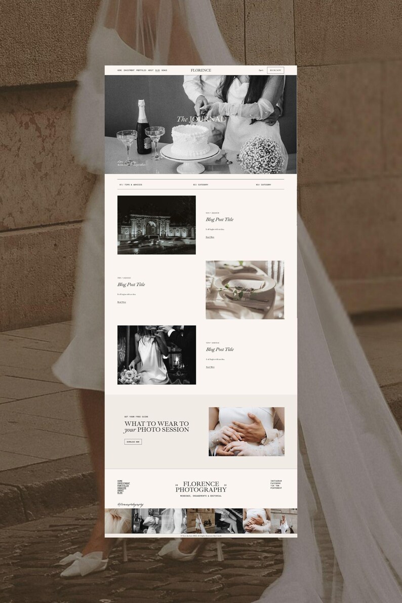 May include: A website layout for Florence Photography featuring a black and white header image of a cake cutting, followed by a grid of blog post thumbnails, a section titled WHAT TO WEAR TO YOUR PHOTO SESSION, and a footer with contact information.