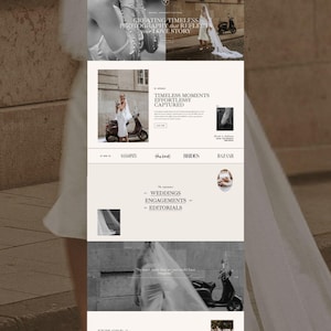 May include: A website layout for Florence photography featuring a monochromatic color palette. The page displays text including Creating Timeless Photography That Reflects Your Love Story, Timeless Moments Effortlessly Captured, and Explore the Portfolio.