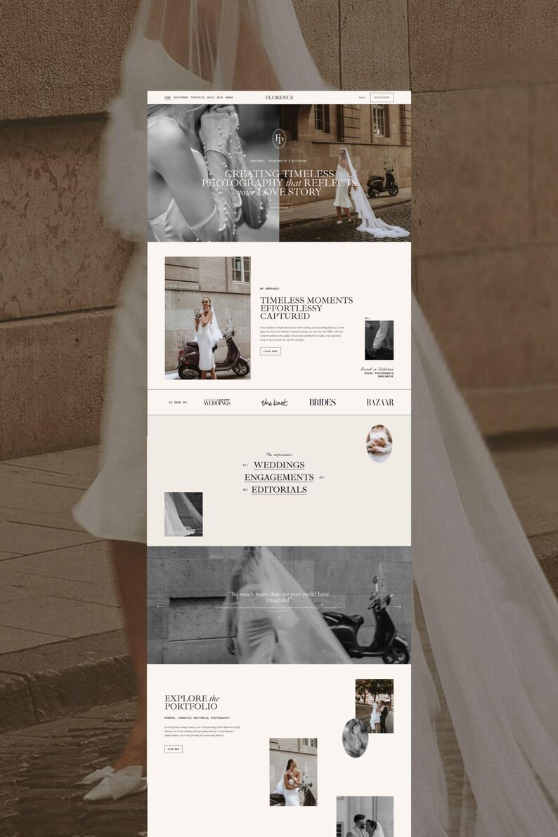 May include: A website layout for Florence photography featuring a monochromatic color palette. The page displays text including Creating Timeless Photography That Reflects Your Love Story, Timeless Moments Effortlessly Captured, and Explore the Portfolio.