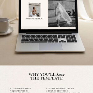 May include: A silver laptop displaying a website template titled Florence, featuring a navigation menu, a black and white photograph of a person in a veil, and the text The Investment. Below, a list highlights features like 17+ premium pages.