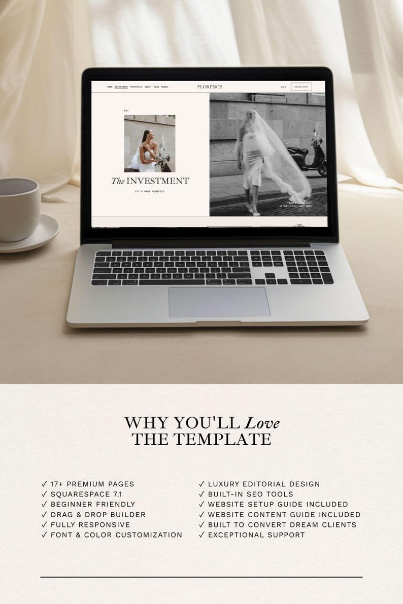May include: A silver laptop displaying a website template titled Florence, featuring a navigation menu, a black and white photograph of a person in a veil, and the text The Investment. Below, a list highlights features like 17+ premium pages.
