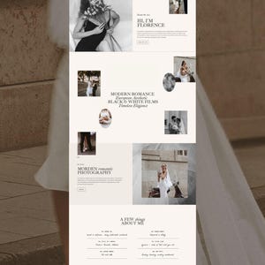 May include: A website layout for a photography portfolio featuring black and white imagery of weddings. The design includes text headers such as HI, I'M FLORENCE, MODERN ROMANCE, and A FEW THINGS ABOUT ME, organized with a clean, neutral color palette.