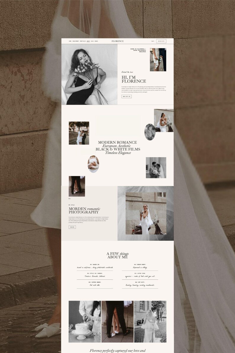May include: A website layout for a photography portfolio featuring black and white imagery of weddings. The design includes text headers such as HI, I'M FLORENCE, MODERN ROMANCE, and A FEW THINGS ABOUT ME, organized with a clean, neutral color palette.